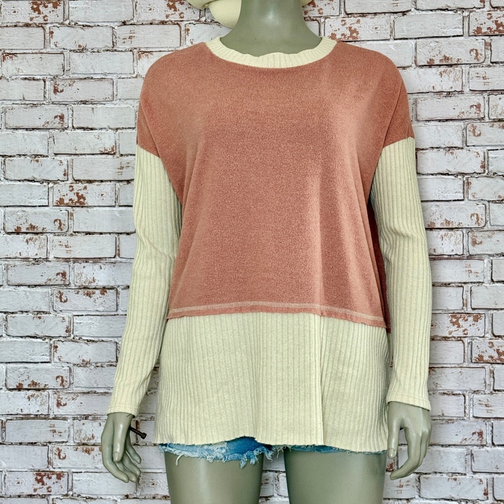 Easel Earthy Terracotta Ivory Mixed Media Tunic Brushed Knit Oversized Sweater